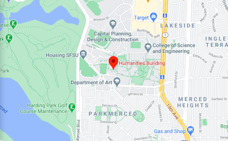Google map of Humanities Building on SF State campus