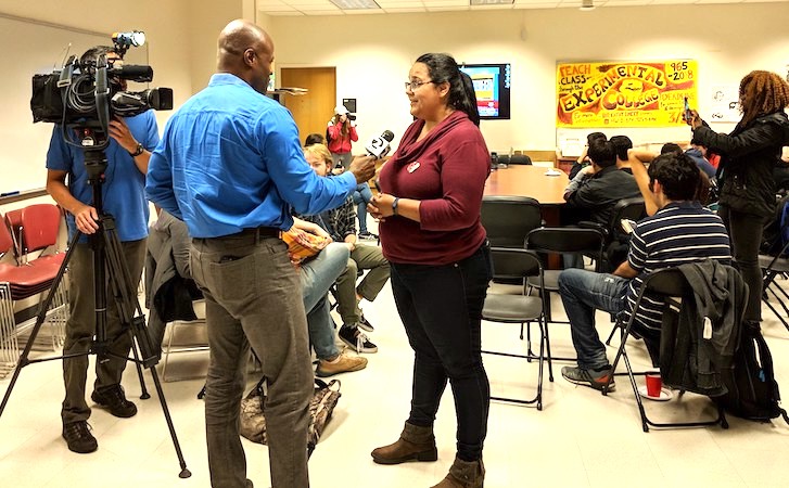 Marcela and KTVU crew being interviewed in classroom